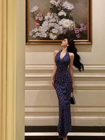 Sheath V Neckline Floral Blue Prom Dresses Birthday Outfits Evening Gown SD1028